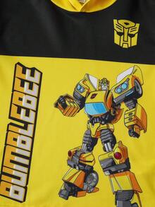 Transformers X SHEIN 青少年男童休闲酷炫机器人印花图案卫衣，长袖插肩针织衫，黄色