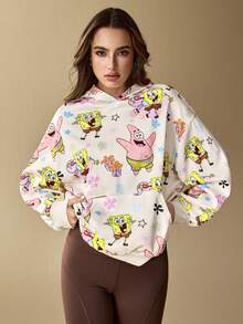 SpongeBob SquarePants | SHEIN Women's Cartoon & Floral Pattern Hooded Long Sleeve Pullover Sweatshirt