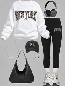 Girlism Tween Girl Sweatshirt & Sweatpants Co-Ords, English Graphic Print, Casual Long Sleeve Pullover Thick Sweatshirt And Pants 2 Pieces Set, Suitable For Autumn/Winter - Black and White - View 1