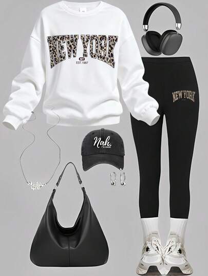Girlism Tween Girl Sweatshirt & Sweatpants Co-Ords, English Graphic Print, Casual Long Sleeve Pullover Thick Sweatshirt And Pants 2 Pieces Set, Suitable For Autumn/Winter