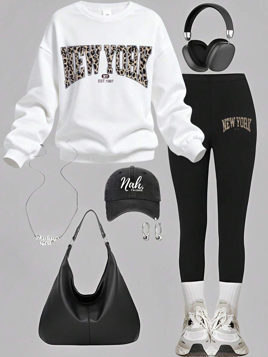Girlism Tween Girl Sweatshirt & Sweatpants Co-Ords, English Graphic Print, Casual Long Sleeve Pullover Thick Sweatshirt And Pants 2 Pieces Set, Suitable For Autumn/Winter - Black and White - View 1