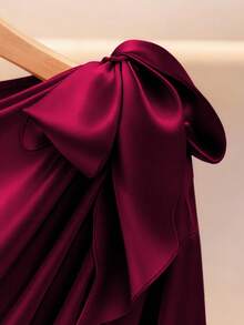 Modelyn Elegant Solid Color High-Quality Satin Pleated Bowknot Waist Long Sleeve Women Blouse - Burgundy - View 3