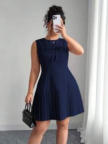 Elenzga Plus Size Crew Neck Slimming Princess Seam Heavy Pleated Linen-Feel Elegant French Blogger Vacation Sleeveless Low Waist Pink Dress, Spring/Summer - Navy Blue - View 8