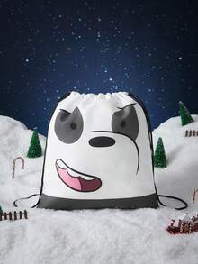 We Bare Bears X SHEIN أكياس سحب للسفر مطبوعة بالرسوم الكرتونية والأحرف، أكياس تخزين متعددة الأحجام - أبيض وأسود - مشاهدة 2