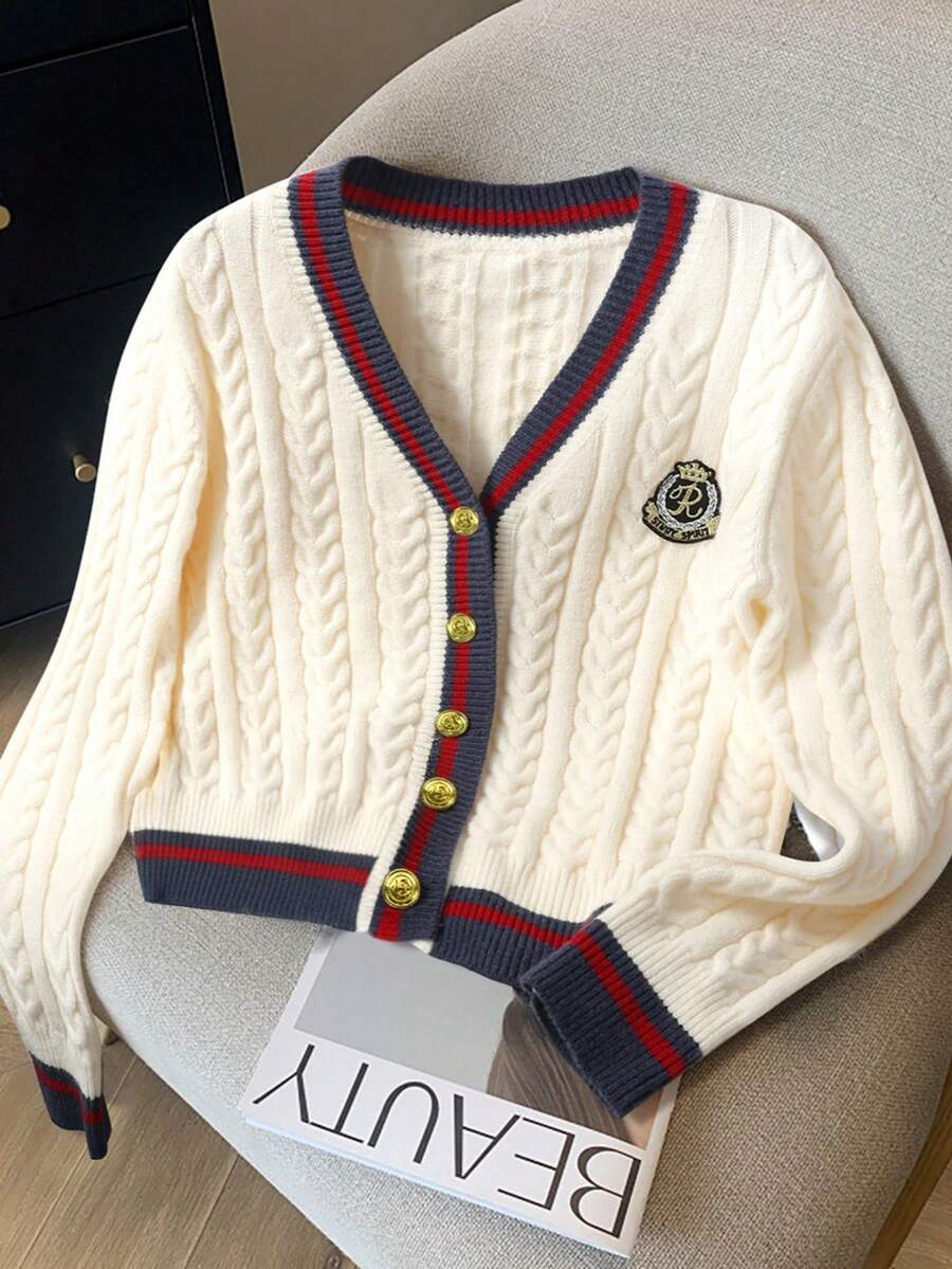 Airaco 学院风休闲撞色饰边V领开衫 - 杏色 - 查看 1