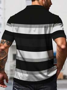 Manfinity Homme 黑灰撞色条纹加大码男士Polo衫，法式极简风格，时尚男士必备单品，适合休闲和商务场合，轻松展现精致格调。 - 彩色 - 查看 2