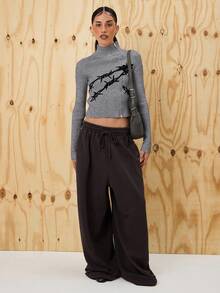 COUREZ Asymmetric Zip Up Fitted Rib Knit Jumper With Graphic /Y2K Going Out For Women Spring For Women Going Out Tops Rave Women's Spring Sweater - Grey - View 2