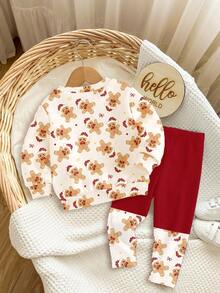 SHEIN Weihnachtsfeier, cremeweiß & burgunderrot, süßer Lebkuchenmann & Schleifen-Muster, Baby Mädchen Lässig weich warm Rundhals Langarm Sweatshirt und Leggings Set, geeignet für Herbst/Winter Alltagstragen, Weihnachten, Neujahr, Straßenmode, Zuhause, Urlaub