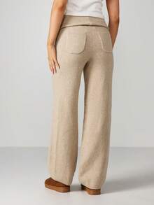 MISSGUIDED Cozy Knitted Wide Leg Trousers High Waisted Casual Lounge Pants Autumn Winter Comfort - Khaki - View 2