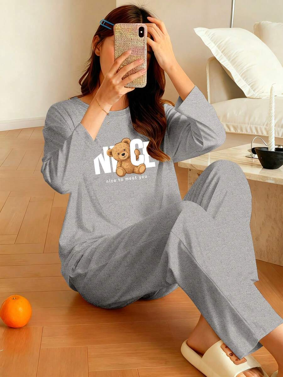 女童小熊字母印花长袖T恤搭配舒适睡裤套装，少女家居服 - 彩色 - 查看 1