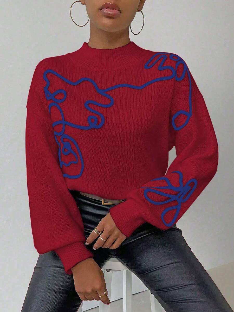 SHEIN LUNE 女士休闲 3D 图案毛衣,秋冬 - 酒紅色 - 查看 1