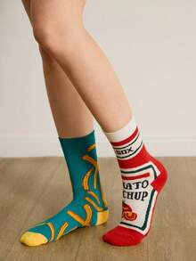 Y2Kool 1 par de calcetines desparejados creativos con estampado de tomate y papas fritas, calcetines tipo medio-pantorrilla con letras, cómodos y casuales, adecuados para uso diario, unisex - Multicolor - Ver 4