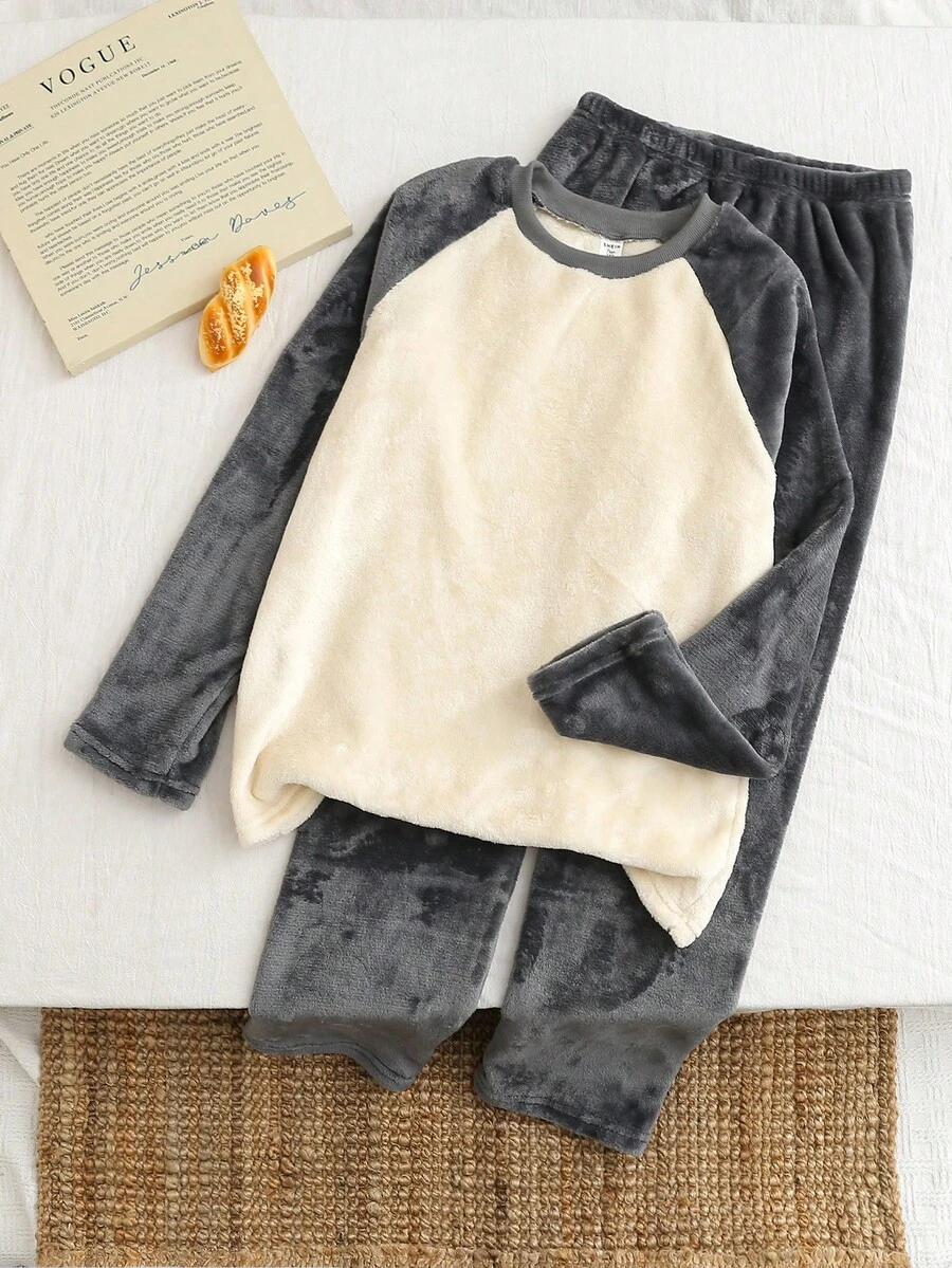 2pcs/Set Teenage Boys Casual Plush Fleece Raglan Sleeve Contrast Color Top And Pants Loungewear Set, Autumn/Winter - Multicolor - View 1