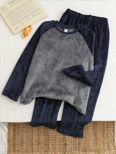 2pcs/Set Teenage Boys Casual Plush Fleece Raglan Sleeve Colorblock Sweatshirt And Pants Loungewear Set, Autumn/Winter