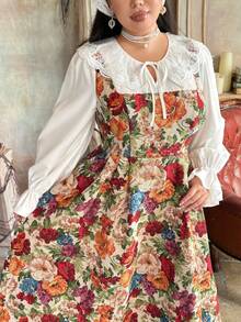 Lyrianda 新款秋冬蝴蝶结优雅度假提花蕾丝边泡泡袖V领长袖连衣裙泡泡裙摆显瘦腰身生日派对公主裙