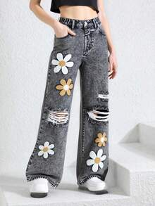SHEIN ChillGRL 少女牛仔裤，秋冬新款，黑灰色，Y2K风格，3D立体花卉刺绣，宽松阔腿，做旧破洞设计，舒适棉质牛仔面料，适合日常穿着、上学和通勤，春夏百搭，适合11-12岁女孩，裤身饰有蝴蝶和花朵图案。 - 灰色 - 查看 7
