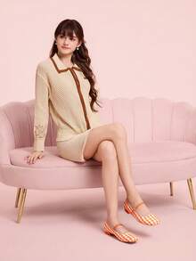 CUCCOO DOLLMOD 女士平底橙色方头格子玛丽珍鞋，校园风，日系可爱低跟鞋 - 橘色 - 查看 2