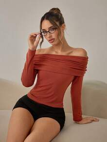 SHEIN Women's Casual Solid Color Ruched Foldover Off-Shoulder Loungewear Top, Fall & Winter - Camel - View 5