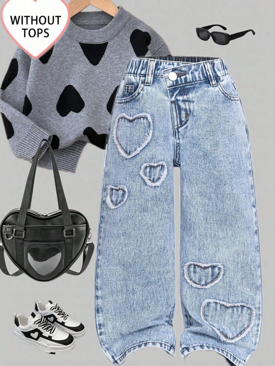 SHEIN ChillGRL 少女休闲时尚个性化设计蓝色爱心刺绣斜襟开衩下摆水洗蓝牛仔直筒修身牛仔裤 - 中等水洗藍 - 查看 1