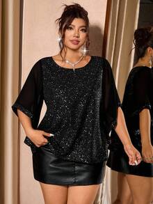 SHEIN CURVE+ Blusa feminina plus size de manga média com gola redonda e detalhes dourados, versátil para uso diário, ideal para festas e eventos. - Preto - Ver 4