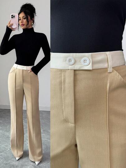 Elenzga Pantalones formales de mujer para otoño/invierno, elegantes pantalones acampanados de corte delgado con pliegues y bolsillos, en color caqui con bloqueo de color