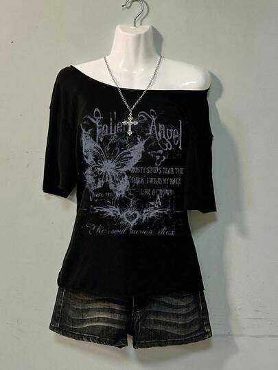 Attitoon Casual Vintage Punk Y2K Versatile Party Airport, Butterfly Floral English Letter Distressed Print Pattern, Comfortable Oversized Short Sleeve Loose Black T-Shirt For Women, Suitable For Autumn/Winter