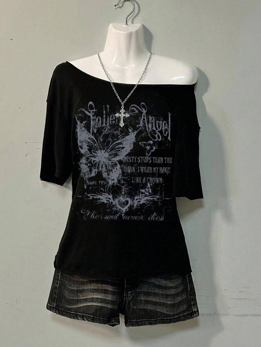 Attitoon Trang phục thường ngày tối giản, phong cách retro punk Y2K đa năng, phù hợp cho tiệc tùng, sân bay, họa tiết hoa bướm, chữ cái tiếng Anh in mờ, áo thun ngắn tay màu đen dáng rộng thoải mái dành cho phụ nữ cỡ lớn, thích hợp cho mùa thu/đông. - màu đen - Xem 1
