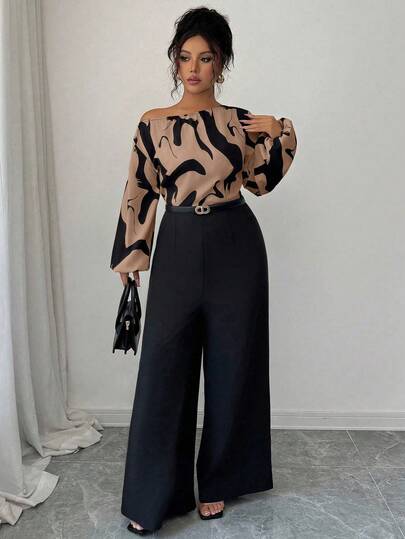 Elenzga Women's Printed Patchwork Waist Wide Leg Jumpsuit, Elegant Silhouette For Daily Commute And Versatile Wear