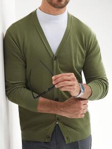 Manfinity CityGents Plus Size Men's Solid Color V-Neck Button Front Casual Long Sleeve Cardigan