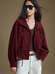 Ontre Women's Drawstring Hem Loose Casual Coat, Versatile For Urban Commute, Business Casual, Elegant, Office Wear, Thanksgiving, Christmas, New Year, Wedding Guest Spring Coats - Burgundy - View 2