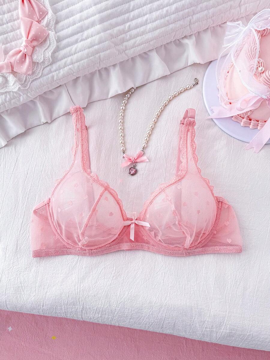 PetitDoll 女士心形网纱撞色蕾丝蝴蝶结装饰时尚文胸 - 粉色 - 查看 1