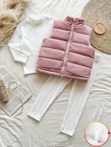 Vintaside Kids 3pcs Young Girl Padded Coat Set, Thermal Lining, Thickened, Suitable For Spring, Autumn And Winter, Countryside Style, Casual, Fashionable, Cute, Elegant - Multicolor - View 3