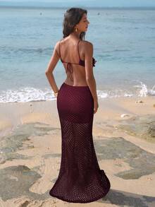 Opulessa 女士纯色针织串珠刺绣连衣裙 - 酒紅色 - 查看 2