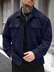 Manfinity Homme 男士加大码夹克，男士纽扣前开襟长袖口袋简约夹克，休闲日常穿着，男士夹克，秋冬款男士夹克，男友礼物，保暖长袖休闲外出夹克，男士黑色夹克，男士休闲夹克，男士衬衫式纹理夹克，男士宽松夹克，男士休闲夹克，男士衬衫式夹克，男士夏季夹克，藏蓝色夹克 - 藏蓝色 - 查看 5