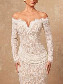 Lumalex 早春露肩蕾丝褶皱鱼尾长袖连衣裙，适合女士出席奢华舞会、聚会、宴会、低调奢华的节日派对、锐舞音乐节、郊游、度假、户外度假等场合，层次丰富，适合婚礼季、宴会、圣诞节、新年等各种场合，是秋季和早春派对、晚宴、晚会等场合的理想之选。 - 白色 - 查看 7