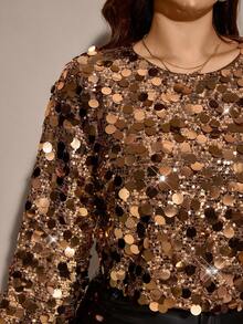 Comfylo Top de lux cu mânecă lungă, cu guler rotund și decorațiuni cu mărgele, mărime plus - cafea maro - Vizualizare 2