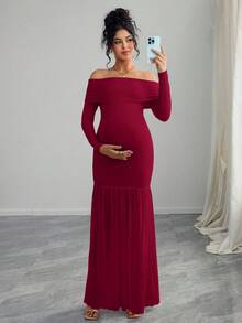 SHEIN 孕妇露肩长袖修身连衣裙，高开衩设计，带网纱拼接 - 酒紅色 - 查看 6