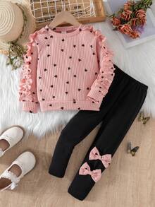 SHEIN Young Girl Casual Ruffle Trim & Heart Print Round Neck T-Shirt And Bow Decor Long Pants Set - Multicolor - View 1