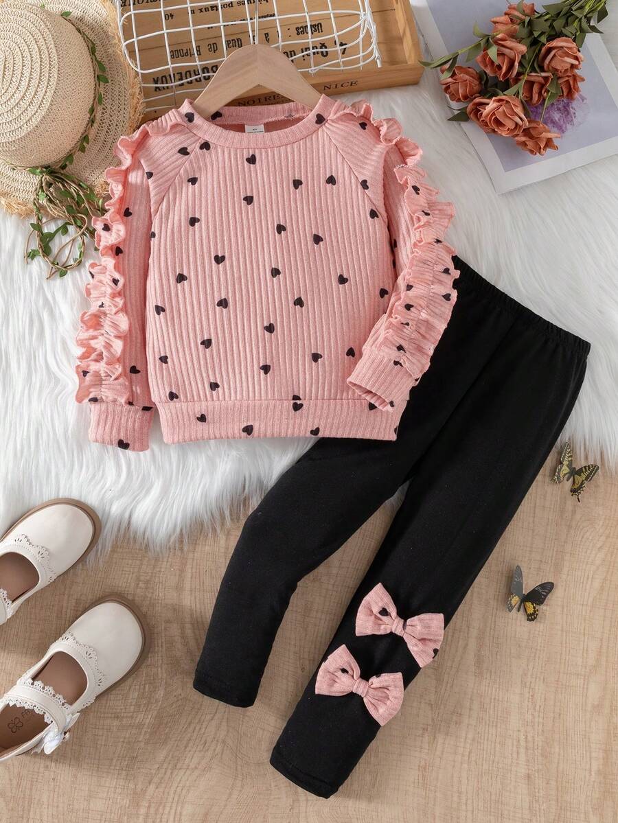 SHEIN Young Girl Casual Ruffle Trim & Heart Print Round Neck T-Shirt And Bow Decor Long Pants Set - Multicolor - View 1