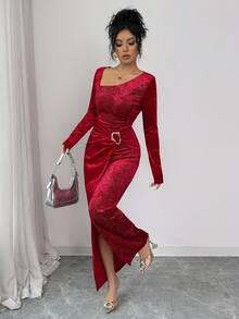 SHEIN Elenzya Women's Elegant Burgundy Metallic Patchwork Long Sleeve Dress,Autumn Dining Christmas Party New Year Holiday Vintage Fitted Formal Dress - Red - View 5