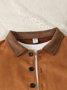 Teen Girl Contrast Color Block Collar Long Sleeve Drop Shoulder Front Button Casual Versatile Jacket - Brown - View 3