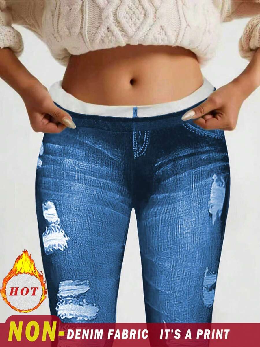 EMERY ROSE Women's Casual Denim Effect Thermal Lined Leggings, Autumn/Winter - Blue - View 1