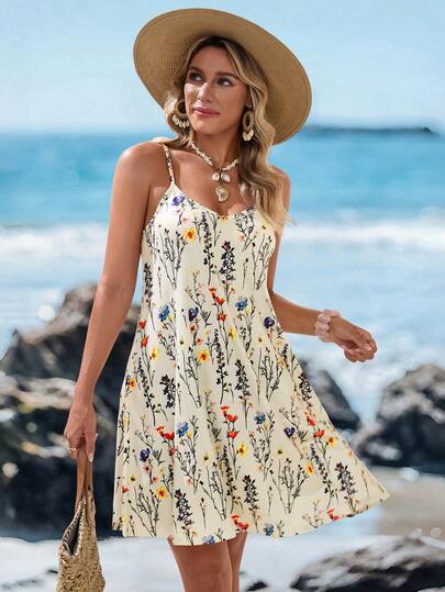 Sylviya 女士吊带水彩花卉针织迷你连衣裙，适合夏季穿着，时尚休闲，度假休闲之选