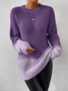 SHEIN LUNE Áo len dệt kim dáng rộng cổ tròn tay dài hở vai màu ombre dành cho nữ, mùa thu/đông - Màu tím - Xem 5