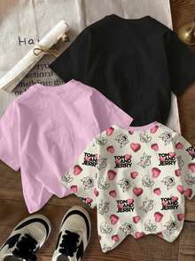 TOM & JERRY X SHEIN Young Girl Casual Letter & Cartoon Graphic Round Neck Short Sleeve T-Shirt, Summer - Multicolor - View 2