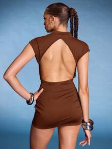 Normani Women's Sexy Black Draped Draped Neck Backless Fitted Mini Dress, Summer,Party Dress,Elegant Dresses For Women - Brown - View 2