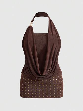 J-Fashion Robe mini élégante et sexy pour les vacances d'été, avec encolure drapée, dos nu, élastique et paillettes, pour les femmes de grande taille