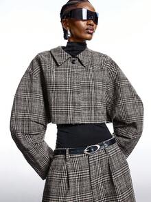 LYSMO 女士千鸟格落肩单排扣短款大衣 - 橄欖綠 - 查看 6