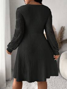 SHEIN Frenchy Đầm ngắn tay dài cổ tim màu trơn cỡ lớn thường ngày - màu đen - Xem 2