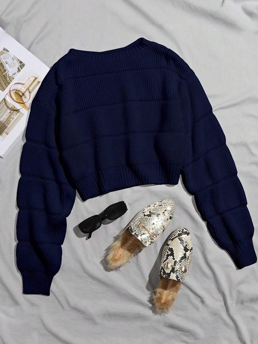 Franclia Casual Solid Color Cropped Sweater, Autumn - Royal Blue - View 1